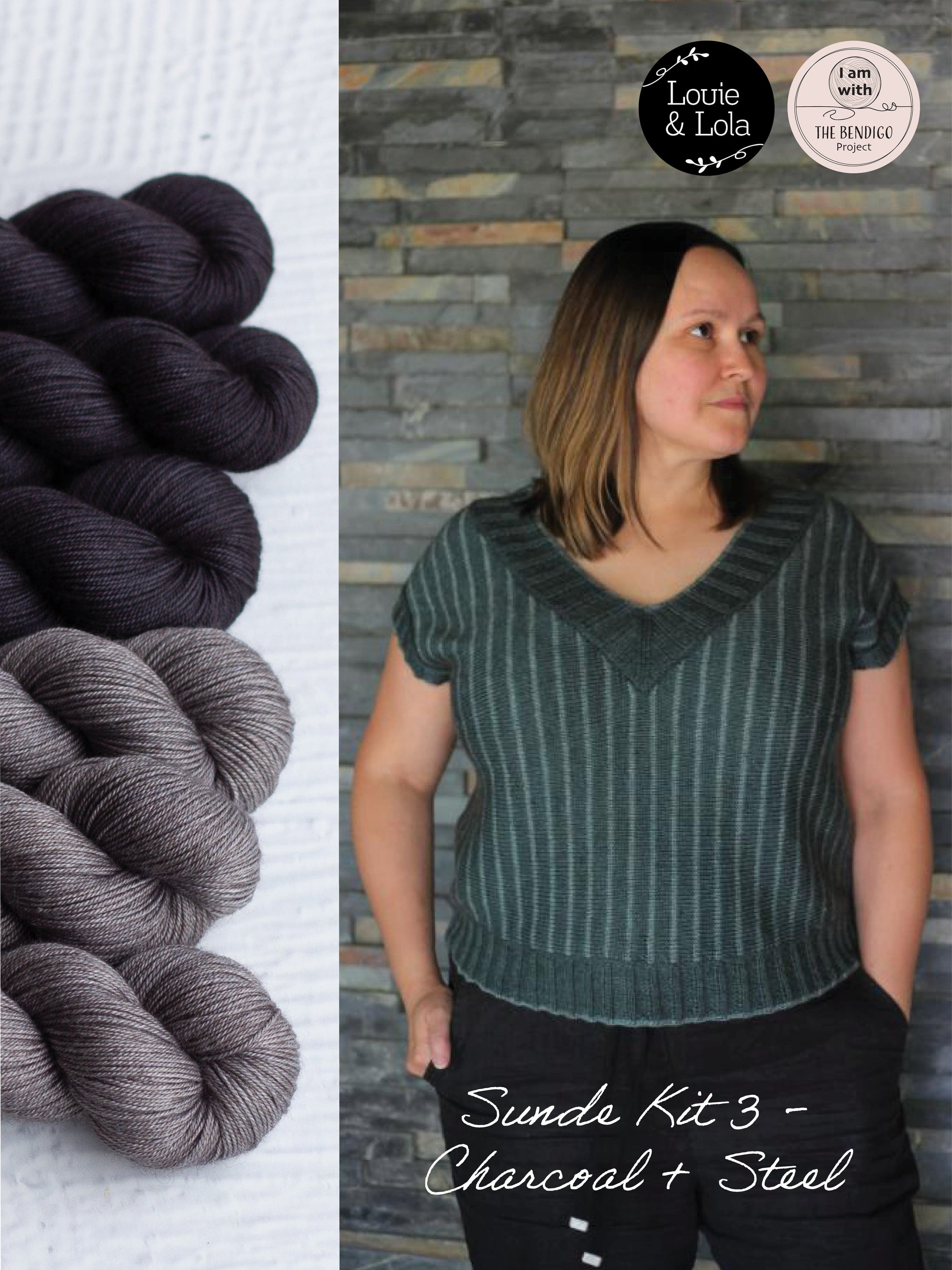 Louie & Lola Yarns Sunde Pullover & Sleeveless Top - Kit 3 - Charcoal + Steel